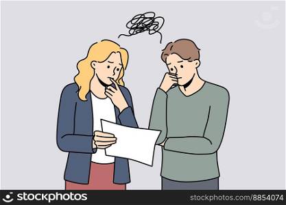 Pensive businesspeople look at paperwork brainstorm over business idea or project. Colleagues work together analyze document. Teamwork concept. Vector illustration. . Pensive colleagues brainstorm over paperwork 