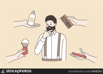 Pensive Caucasian bearded man thinking of beard hair care in beauty salon. Young male choose treatment procedure in barbershop. Hairstyle and haircare in men saloon. Flat vector illustration.. Caucasian bearded man before haircare procedure in salon