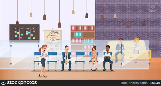 Pensive Employee Sit in Queue for Job Interview. Group of Candidate on Chair Wait. Woman Manager Invite Nervous Character Wear Formal Suit. Coworking Space Interior. Cartoon Flat Vector Illustration. Pensive Employee Sit in Queue for Job Interview