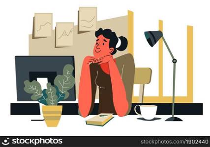 Pensive female character working on project and thinking about something pleasant. Thoughtful freelancer, copywriter or student with computer monitor and notebooks on desk. Vector in flat style. Dreamy woman sitting at working place thinking