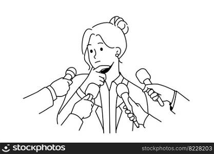 Pensive female politician thinking talking with reporters or journalists. Woman speaker have interview speak in microphones at conference. Vector illustration. . Pensive female politician talk with reporters