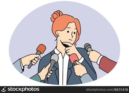 Pensive female politician thinking talking with reporters or journalists. Woman speaker have interview speak in microphones at conference. Vector illustration.. Pensive female politician talk with reporters
