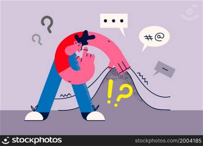 Pensive guy look under cover seek for business problem solution. Confused man brainstorm think search of innovative idea consider trouble solving. Innovation and inspiration. Vector illustration. . Pensive guy seek business problem solution
