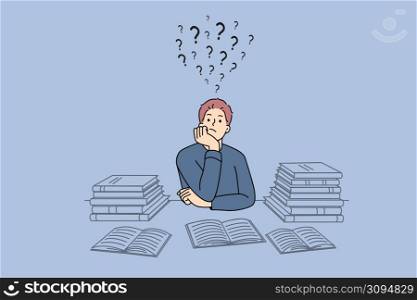 Pensive guy suit at desk studying thinking or pondering of problems finding solution. Thoughtful man with books feel frustrated daydreaming or planning. Dilemma. Vector illustration. . Pensive guy feel frustrated daydreaming or planning