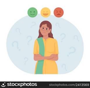 Pensive lady 2D vector isolated illustration. Selecting mood. Doubting woman flat character on cartoon background. Choosing emotion colourful scene for mobile, website, presentation. Pensive lady 2D vector isolated illustration