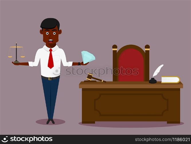 Pensive male judge makes decision, choosing between wealth and justice with diamond and scales in hands. Cartoon flat style