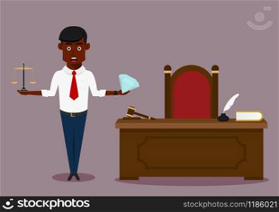 Pensive male judge makes decision, choosing between wealth and justice with diamond and scales in hands. Cartoon flat style