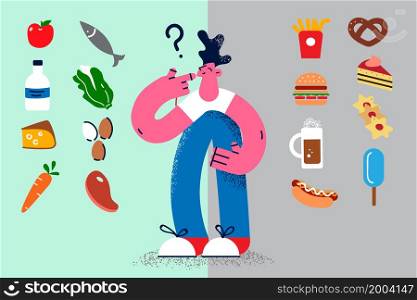 Pensive man make decision among healthy and unhealthy food. Thoughtful guy decide about dietary and junk products. Diet and wellness. Nutrition. Good habit concept. Vector illustration. . Pensive man decide among healthy and unhealthy food