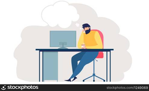 Pensive Man Sitting at Work Desk with Screen, Drinking Coffee and Thinking About Something Illustration. Freelancer or Web Developer Planning Project, Searching New Ideas Concept with Thoughts Cloud