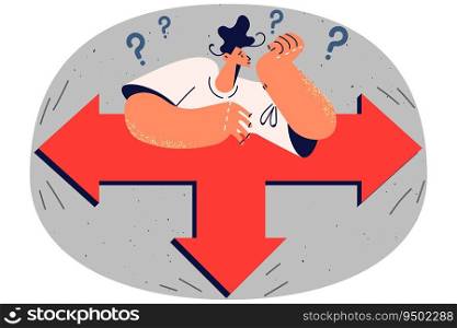 Pensive man thinking making decision about career change. Frustrated male feel confused stand on crossroad deciding which way to take. Vector illustration.. Pensive man thinking which way to take