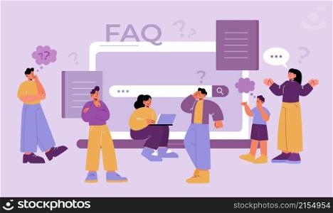 Pensive people ask questions, search answers online. Vector flat illustration of FAQ page with curious and puzzled characters, laptop, question marks and speech bubbles. Pensive people and FAQ page on laptop
