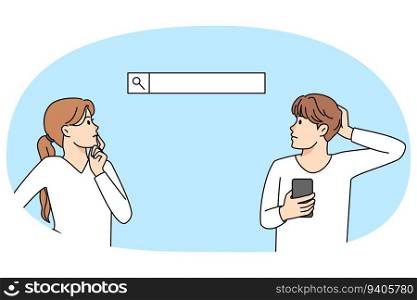 Pensive people thinking searching information on internet. Thoughtful man and woman engaged in brainstorming when surfing or browsing on web. Vector illustration.. Pensive people thinking browsing on web