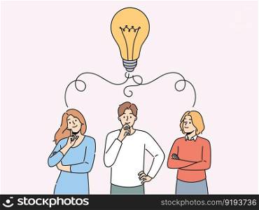 Pensive team with huge lightbulb above head brainstorm generate creative business idea together. Thoughtful businesspeople think develop strategy. Vector illustration. . Pensive employees with huge lightbulb above head 