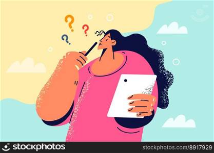 Pensive woman with tablet feel confused think of problem solution. Doubtful female work online on pad make decision or solve trouble. Vector illustration. . Pensive woman work on tablet think of solution 