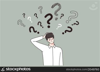 Pensive young businessman feel frustrated confused make decision or plan. Thoughtful man employee or worker thinking pondering of problem solution. Trouble solving concept. Vector illustration. . Pensive businessman think of problem solution