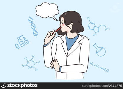 Pensive young female scientist in uniform think of chemical discovery or research. Woman researcher or lab worker brainstorm develop vaccine against disease. Medicine concept. Vector illustration. . Female scientist brainstorm think of scientific discovery