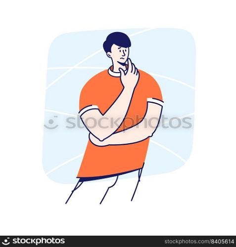 Pensive young man with dark hair thinking about the problem and holding his chin. Confused, uncertain person, question concept. Flat graphic with outlines, vector illustration on light blue background.