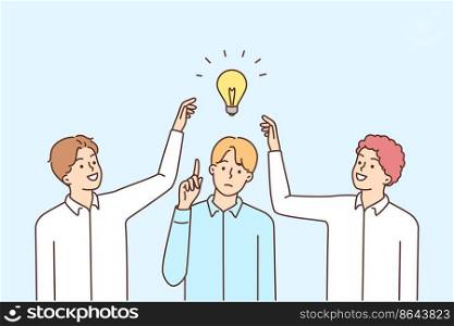 Pensive young man with light bulb above head generate idea, colleagues try to steal. Employees touch light bulb above coworker head. Rivalry and competition. Vector illustration. . Employees try to steal colleague idea