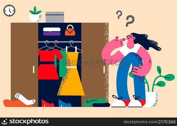 Pensive young woman look at wardrobe think what to wear. Confused girl consider about clothing outfit. Fashion and style. Female clothes problem concept. Flat vector illustration. . Pensive woman look in wardrobe thinking about clothes