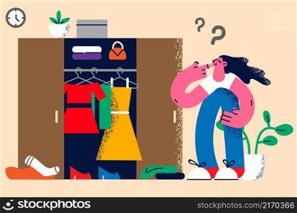 Pensive young woman look at wardrobe think what to wear. Confused girl consider about clothing outfit. Fashion and style. Female clothes problem concept. Flat vector illustration. . Pensive woman look in wardrobe thinking about clothes