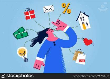Pensive young woman think of diverse expenditures or expenses. Confused girl frustrated with plans or schedule in head. Time and money management. Flat vector illustration. . Confused woman think of plans or expenses