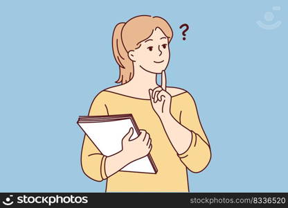 Pensive young woman with documents make decision or plan. Thoughtful girl thinking and brainstorming. Vector illustration. . Pensive woman thinking making decision 