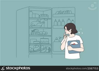 Pensive young woman with scales open fridge think of diet food or meal. Millennial girl look into refrigerator for low calorie product. Nutrition plan and weight loss concept. Vector illustration. . Young woman with scales look into fridge