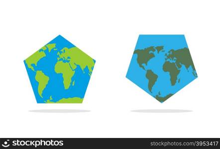 Pentagonal world map. World Land and oceans on an unusual form geographical Atlas
