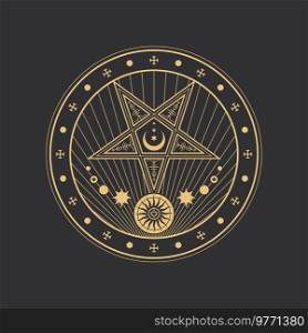 Pentagram, esoteric circle, occult magic and tarot symbol, vector pentacle, star and ankh. Esoteric and occult pentagram with sun and moon, alchemy, tarot occultism and wicca pagan ritual sign. Pentagram, esoteric circle, occult magic and tarot