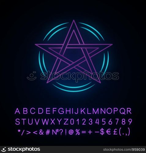 Pentagram neon light icon. Occult ritual pentacle. Devil star. Satanic, wiccan & pagan symbol. Witchcraft and diabolic sign. Mystic heptagram. Glowing alphabet, numbers. Vector isolated illustration