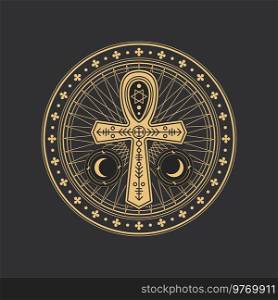 Pentagram occult circle symbol with Egypt ankh, esoteric magic and tarot, vector Egyptian cross. Occultism pentagram with illuminati star and occult ritual sign of ankh cross with sigil symbols. Pentagram occult circle symbol with Egypt ankh