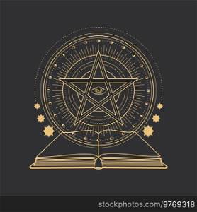 Pentagram, occult esoteric and magic tarot symbol of eye in pentacle star, vector circle. Black magic spell book in pentagram, occultism and witchcraft cult ritual sign with sun and moon constellation. Pentagram, occult esoteric and magic tarot symbol