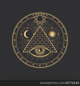 Pentagram symbol, circle and magic Egypt pyramid triangle with eye, vector esoteric occult tarot sign. Pentagram symbol of alchemy, illuminati star and freemason sacred pyramid with moon, sun and eye. Pentagram symbol, circle, magic pyramid and eye