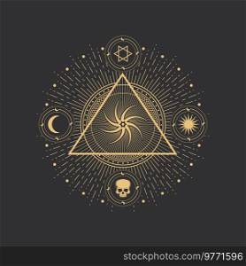 Pentagram symbol, magic occult and esoteric star and circle in vector pyramid. Alchemy and tarot symbol of moon, sun and skull icons in mystic gold wheel in triangle, astrology and scared geometry. Pentagram symbol, magic occult and esoteric star