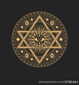 Pentagram with magic eye, satanic star in sun rays circle. Vector sun or moon with rays, symbol of alchemy, witchcraft and masonry, mystic amulet. Pentagram with magic eye, sun or moon with rays