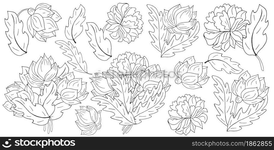 Peonies. Big set of bouquets, flowers as separate elements. Monochrome peonies in hand drawing style. Vector flowers for cards, flyers, invitations. Floral illustration in hand draw style