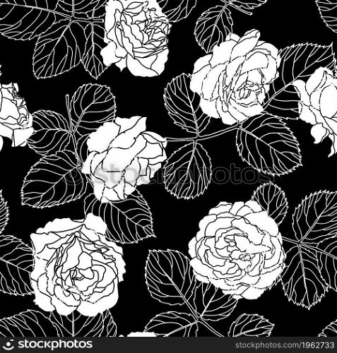Peonies or roses in blossom, seamless pattern with leaves and flourishing flowers. Monochrome sketch outline, silhouette and colorless background or print for greeting card. Vector in flat style. Roses or peonies floral seamless pattern vector