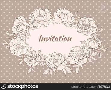 peonies. vector frame with peonies on brown background
