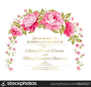 Peony garland for holiday card. Vector illustration.