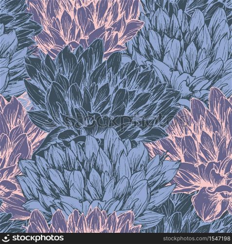 Peony hand drawn seamless pattern. Floral ink pen color texture. Sketch flowers color illustration. Chrysanthemums vintage freehand drawing. Sketched wrapping paper, textile, background vector fill. Peony Flower Seamless Vector Pattern
