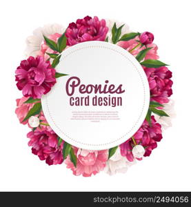 Peony round frame card design for greeting or invitation realistic vector illustration. Peony Frame Card Design
