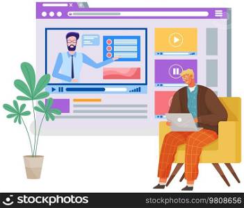 People accessing knowledge online on virtual library on laptop, education and e-learning website concept. Web page with video training, business meeting. Webinar and video seminar training concept. People accessing knowledge online on virtual library on laptop, education and e-learning concept