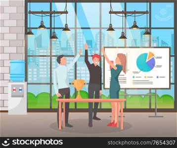 People achieving success at job, characters celebrating successful completion of project. Whiteboard with stats and analysis of working tasks. Workers giving high five with prize on table vector. Successful Work of Team, Teamwork Achievement