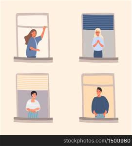 People activity in apartment vector illustration concept, neighbour interact each other, it can be used for landing page, template, ui, web, mobile app, poster, banner, flyer.. People activity in apartment vector illustration concept, neighbour interact each other