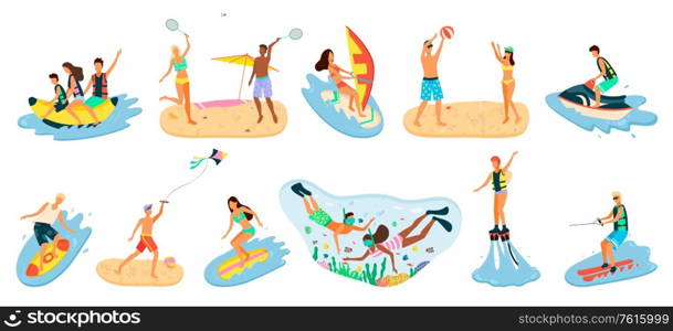 People activity relaxing by coastline vector, man and woman staying on beach, banana boat riding and playing tennis and volleyball, scuba diving snorkelling. Beach activities water sport. Beach Activities, Summertime People Hobby Vector