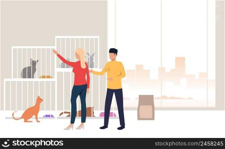 People adopting pet from animal shelter. Homeless pets, veterinary clinic concept. Vector illustration can be used for topics like animal shelter, adoption, charity
