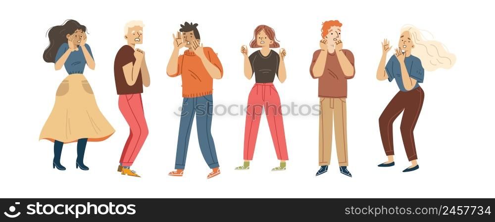 People afraid, terrified, in panic. Men and women characters with scared face expression. Vector flat illustration of group of person in shock, stress, frightened, nervous, and startled. People afraid, terrified, in panic