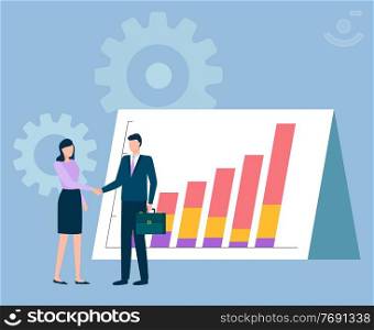People agreeing on cooperation and partnership. Handshake of man and woman working together. People with charts and structuralized information on board. Cogwheel tools, process symbols vector. Business Colleagues, Handshake of Partners Vector