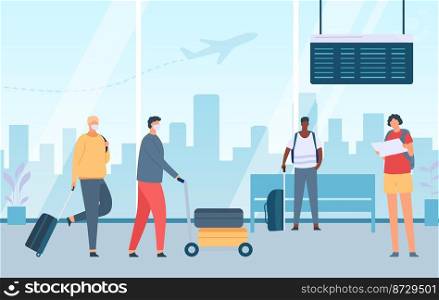 People airport boarding and waiting to flight at terminal. Illustration of departure terminal, people with luggage vector. People airport boarding and waiting to flight at terminal