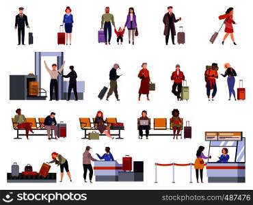 People airport set. Family travel registration passport control checkpoint security airport terminal luggage travelling passenger vector isolated collection. People airport set. Family travel registration passport control checkpoint security airport terminal luggage passenger vector isolated